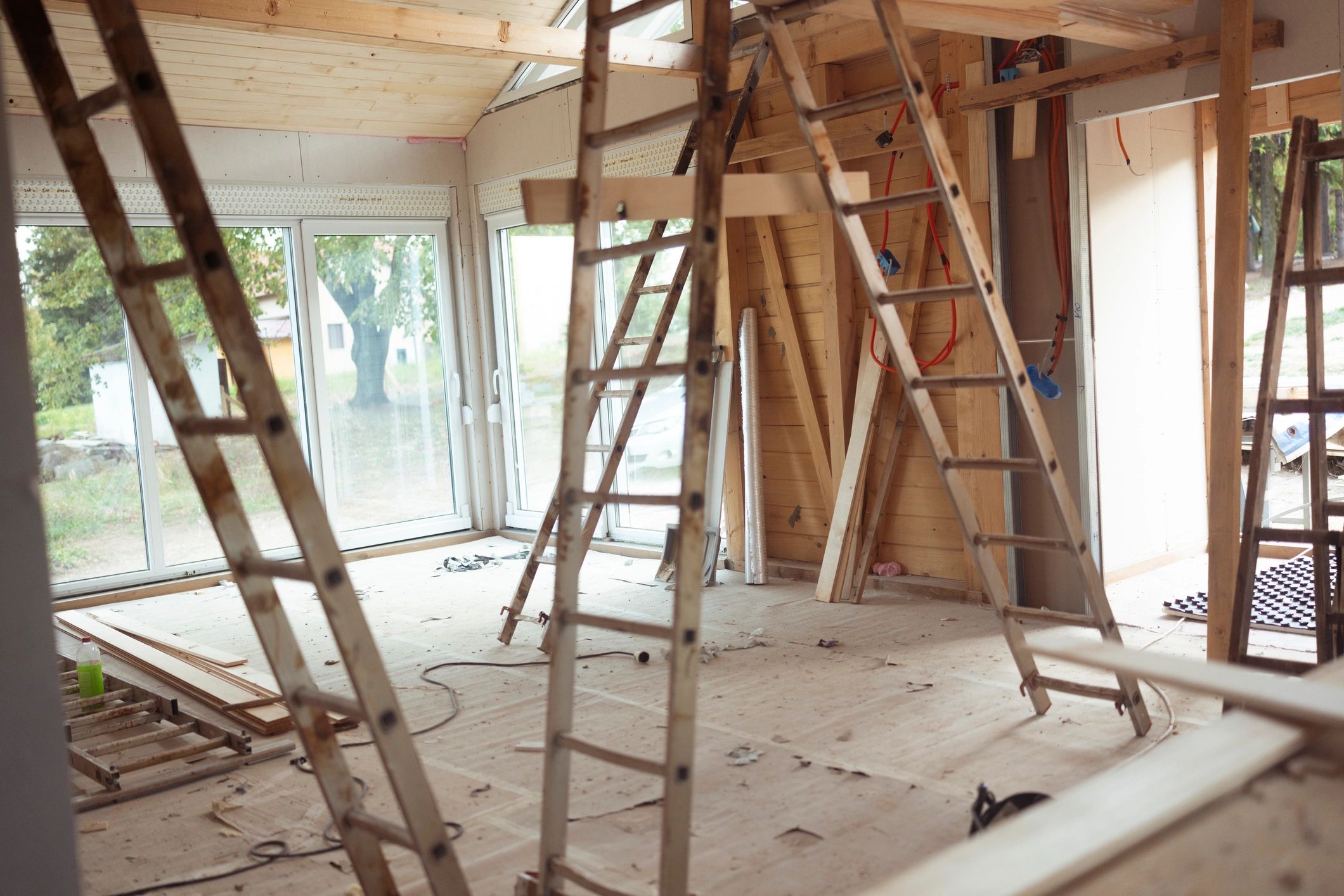 Home interior under construction suitable for insulation installation